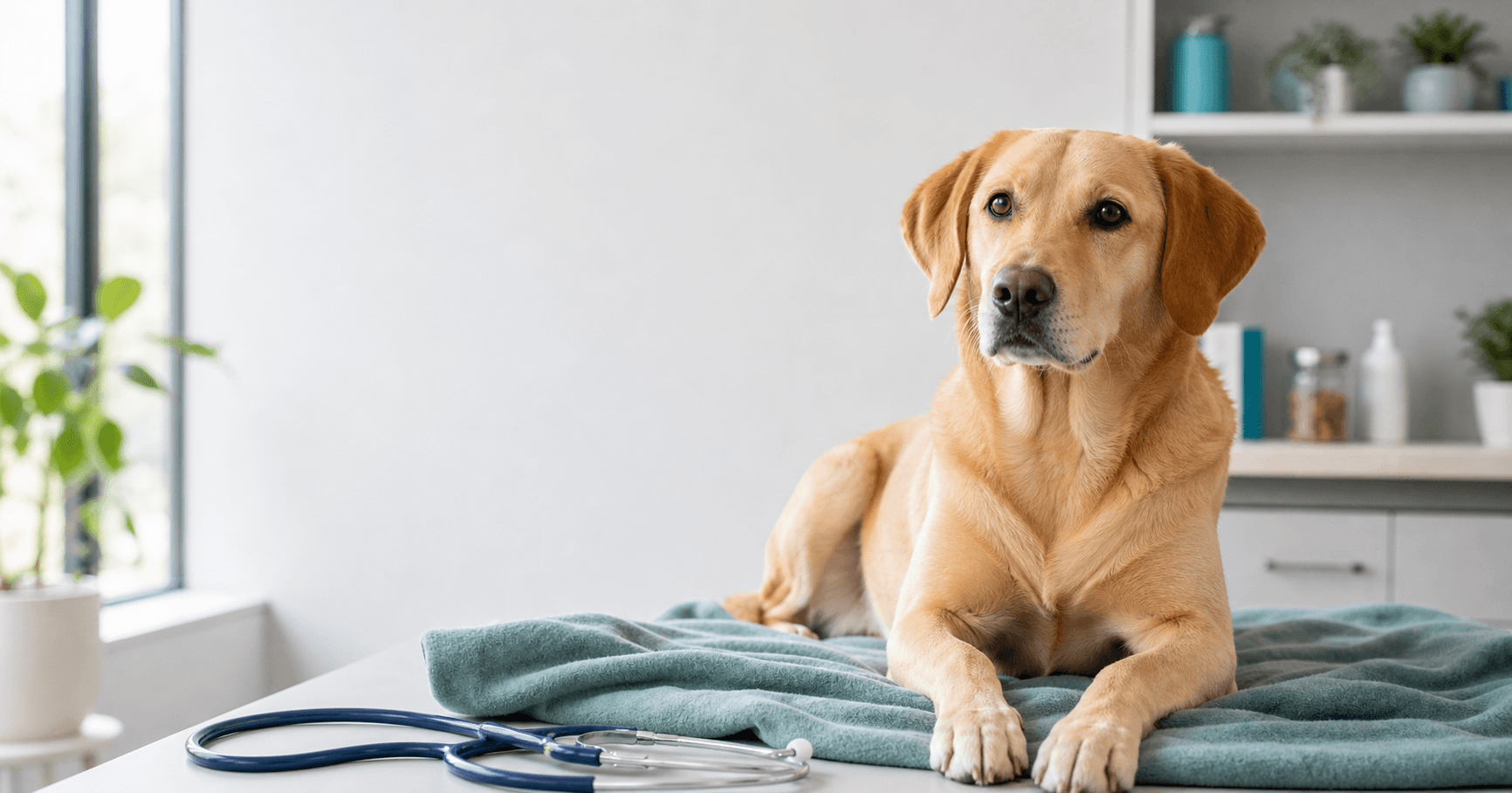 Calm dog in a bright veterinary consultation room