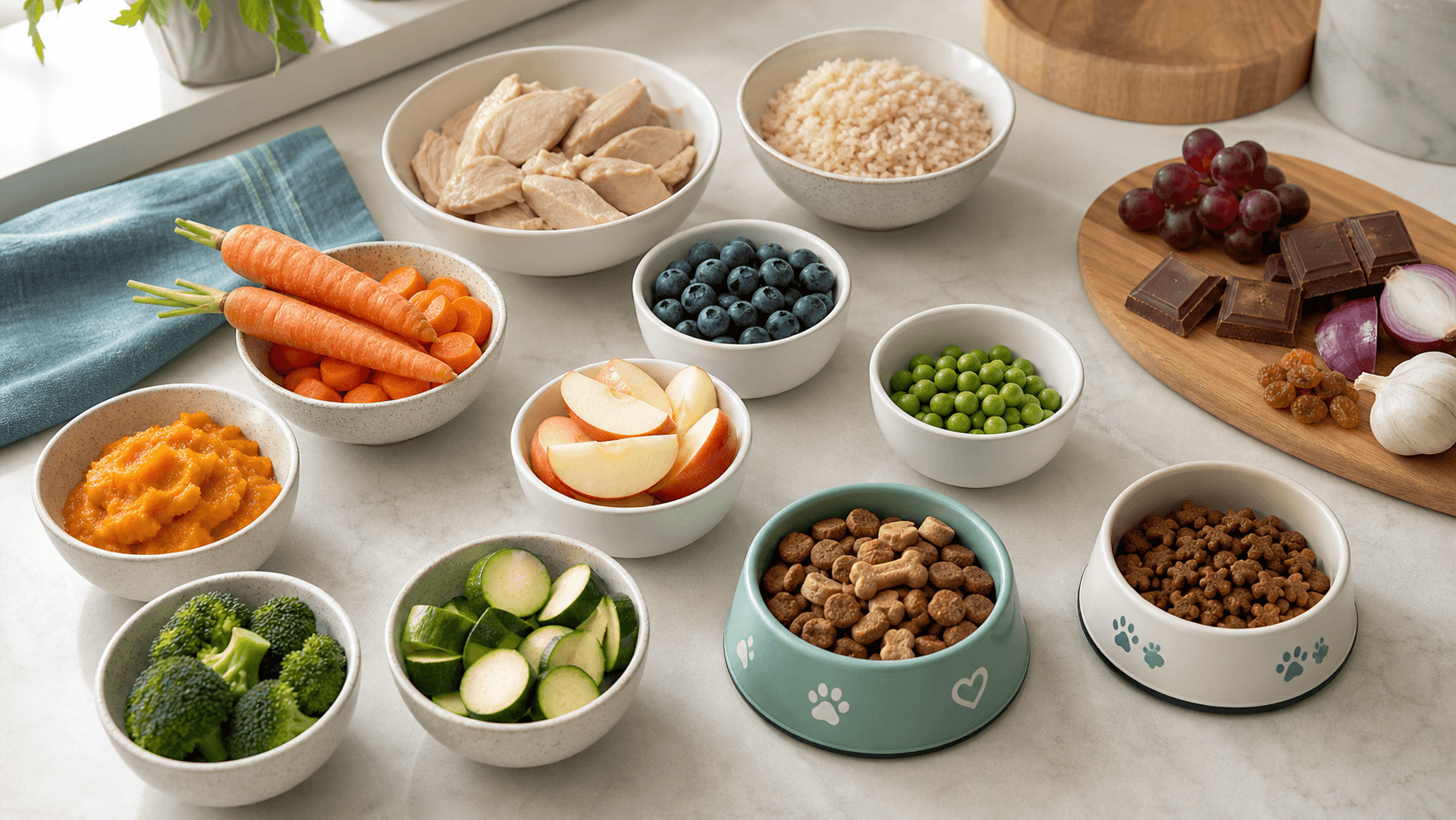 Pet food safety flat lay with fresh foods and bowls