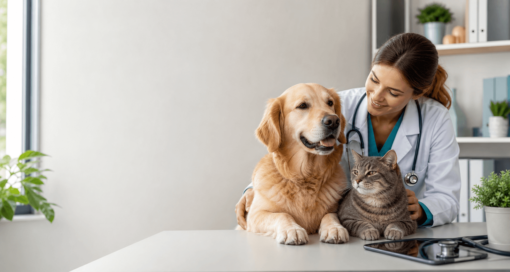 A calm dog and cat in a modern veterinary consultation room