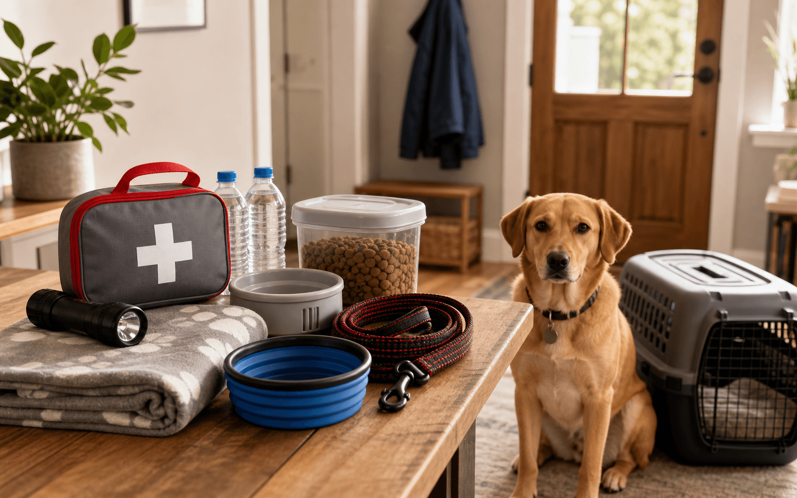 A pet care planning scene representing household emergency preparation