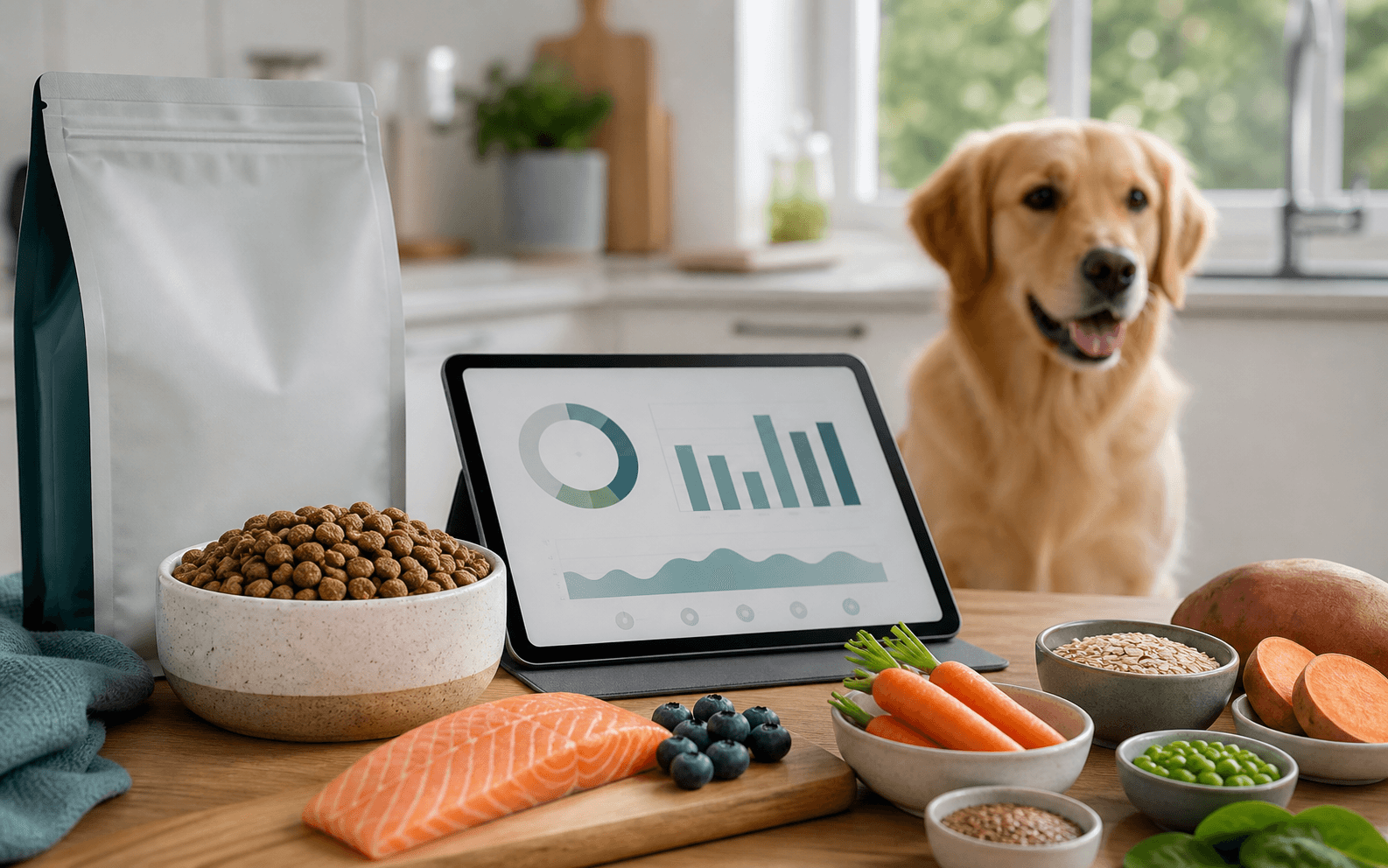 Bowls of pet-safe foods representing dog food ingredient checking