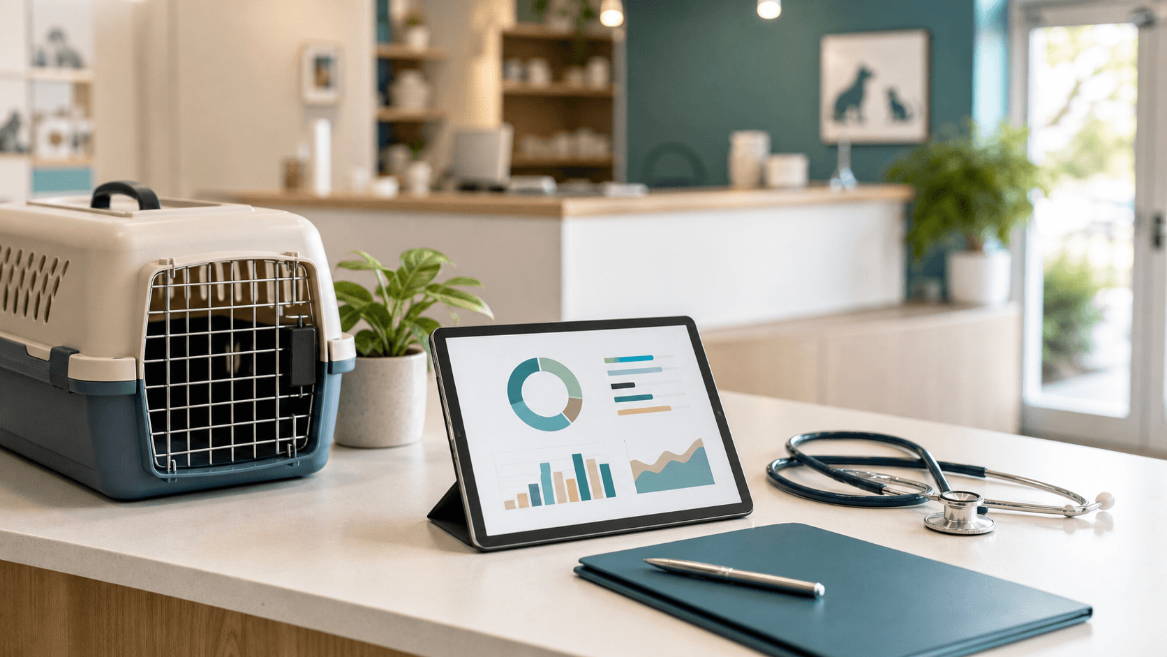 Veterinary clinic desk with planning tools and stethoscope